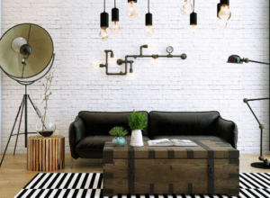 Industrial interior design in living room with timber flooring and hanging lighting