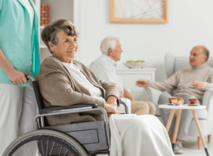 Aged care centre with woman in wheelchair