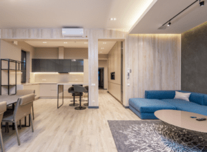 Hamptons living area with wooden flooring