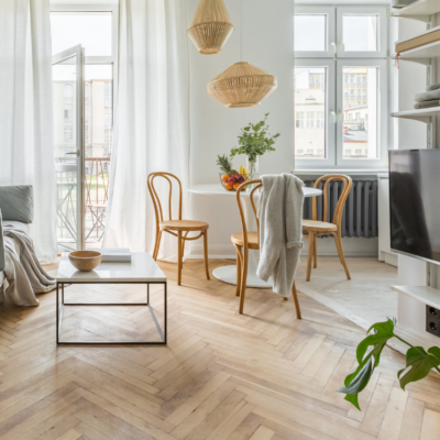 Parquetry engineered flooring in a scandinavian interior design