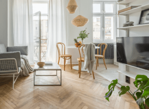 Scandinavian living areas with oak timber parquetry in herringbone installation