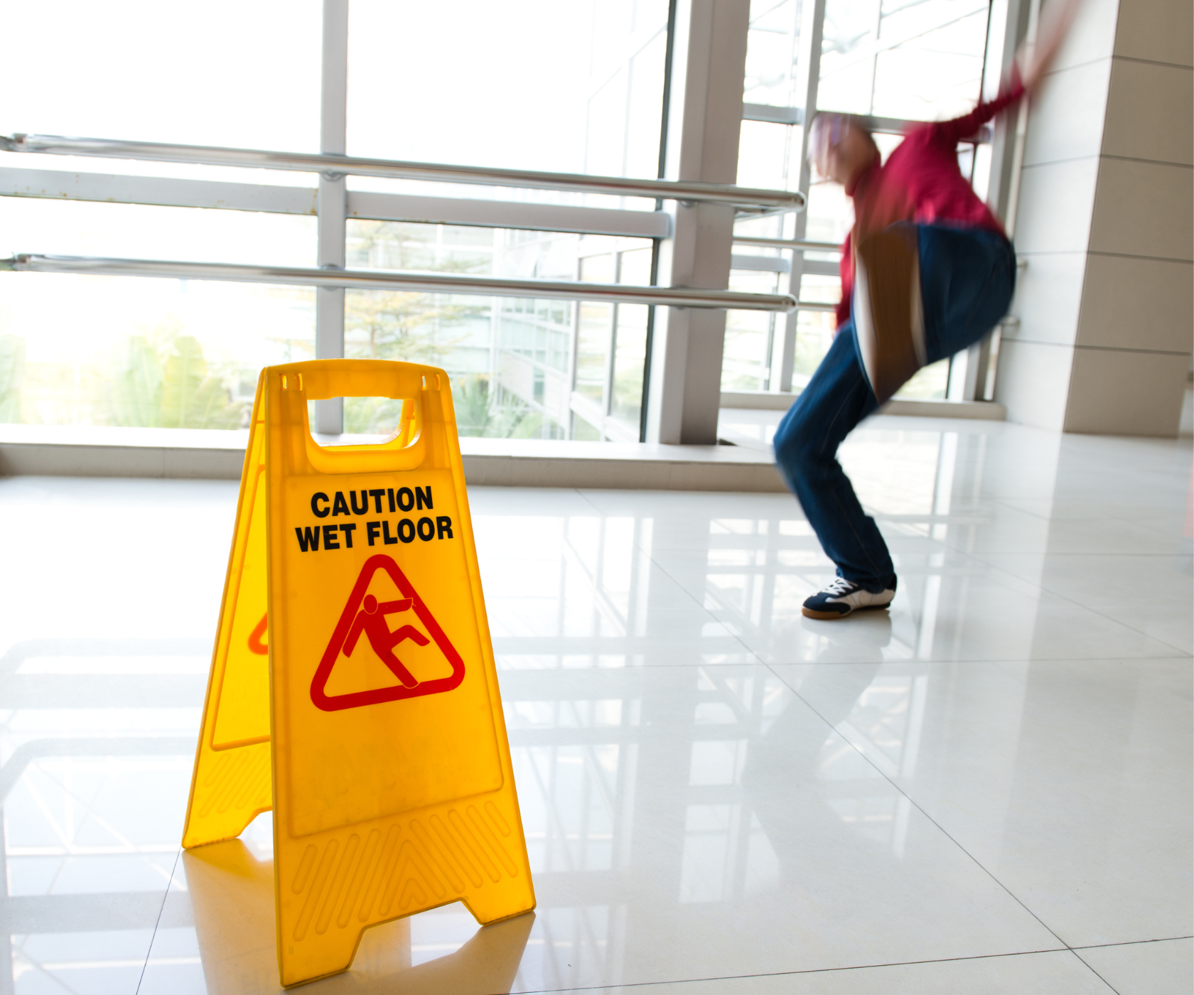 Man slipping over and a wet floor sign.