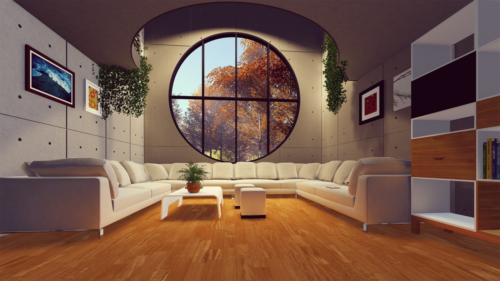 Cosy room with large round window and timber flooring