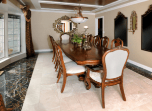 Dining room with marble tile flooring
