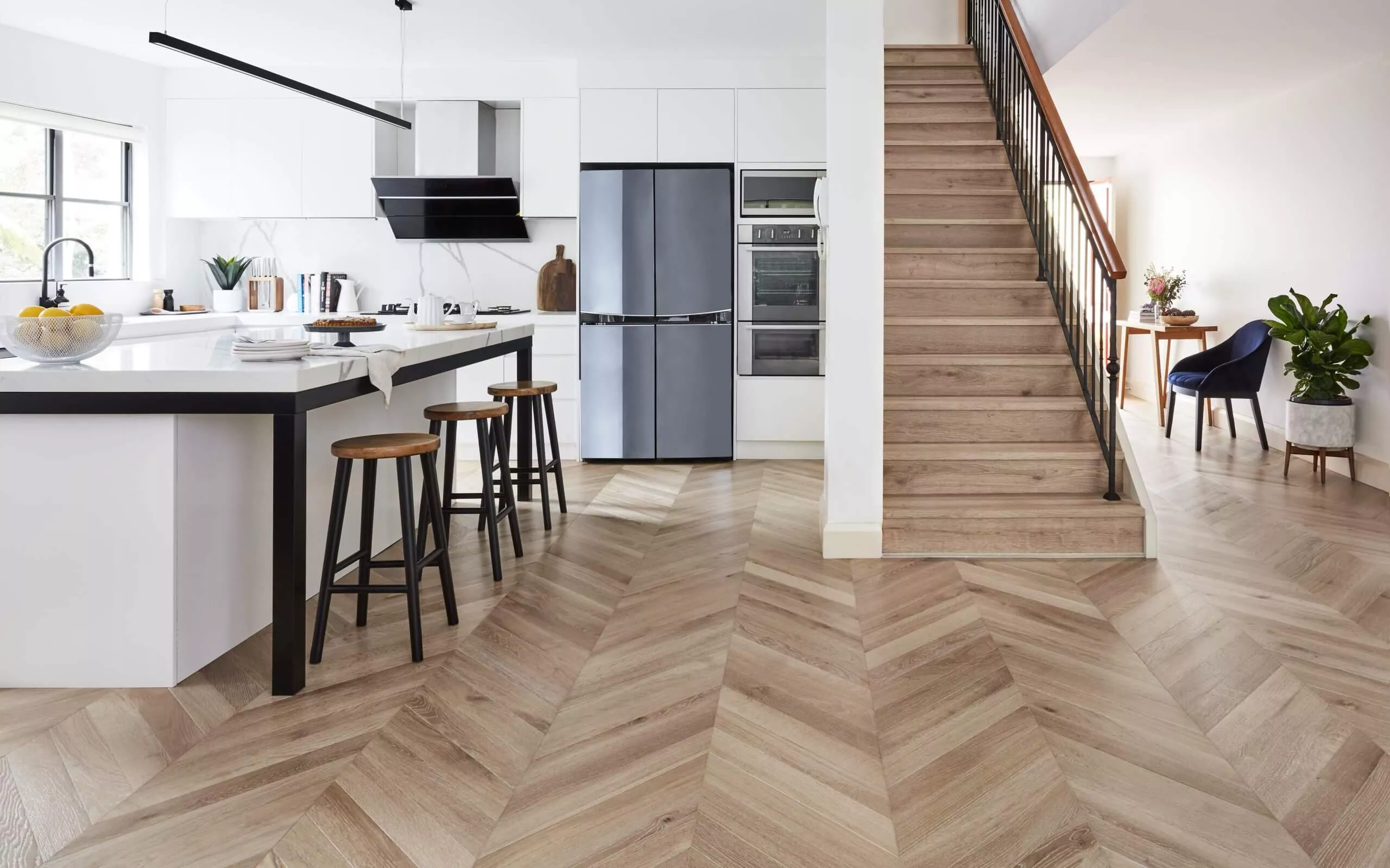Preference Floors Chevron Parquetry in Living Room and Stairs