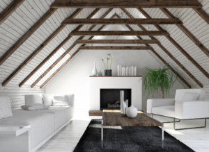 Minimalist interior design with white floorboards.