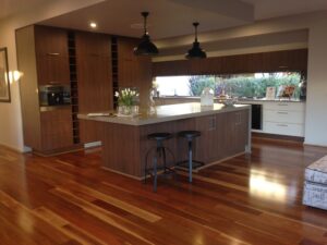Solid Spotted Gum Timber Flooring In Kitchen.